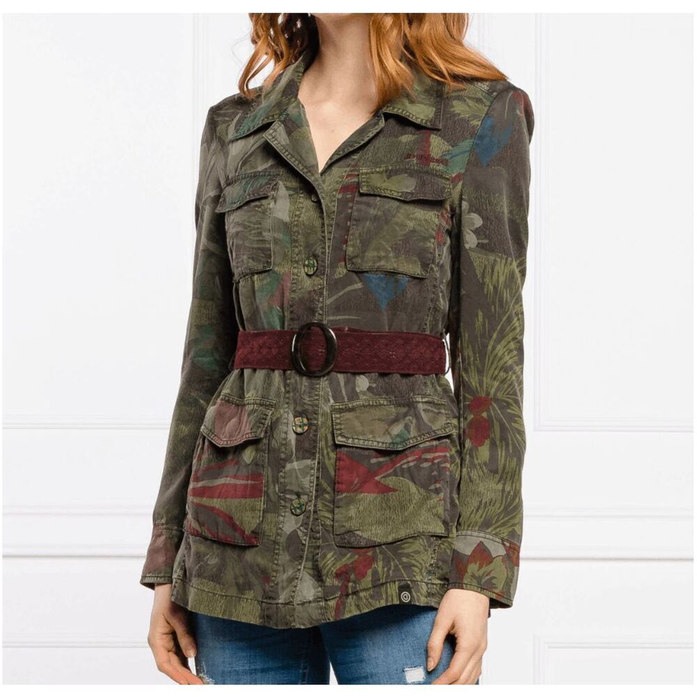 Desigual Floral Utility Jacket w/ Lace Belt & Embroidered Buttons Sz 40